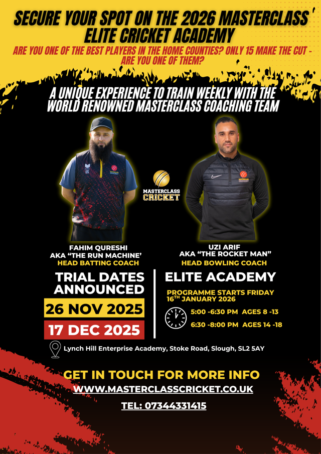 2026 Masterclass Elite Cricket Academy Flyer